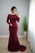 Vestido Sirena Borgoña con Perlas cod.V233