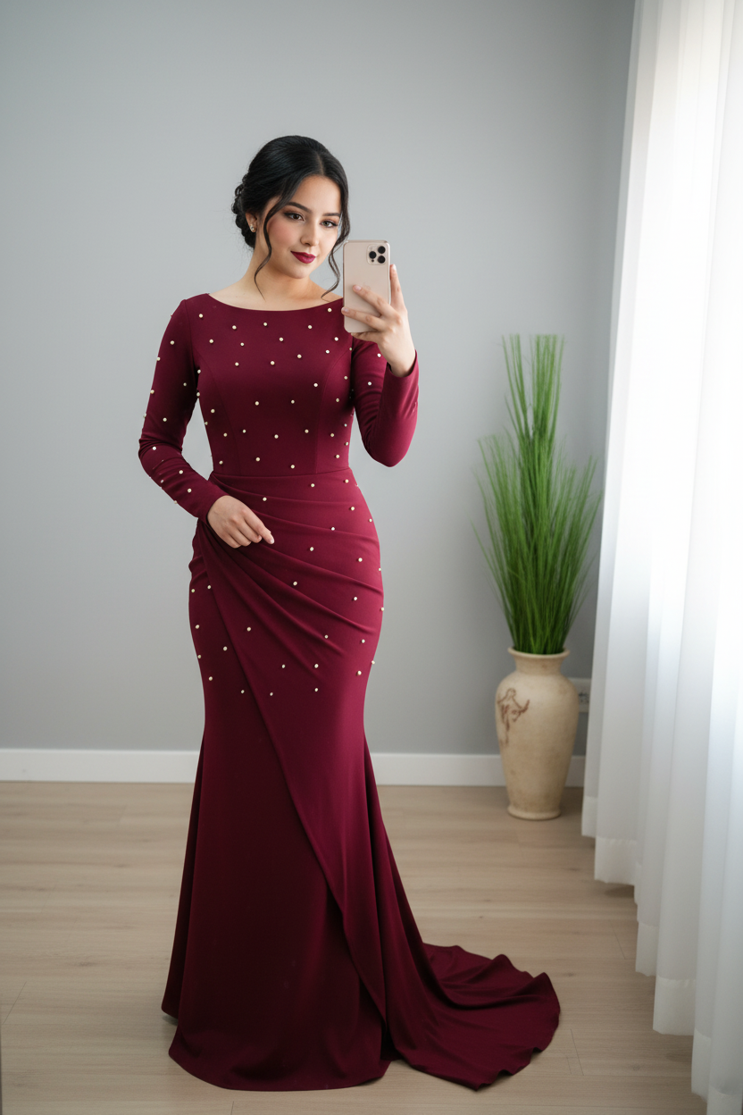 Vestido Sirena Borgoña con Perlas cod.V233