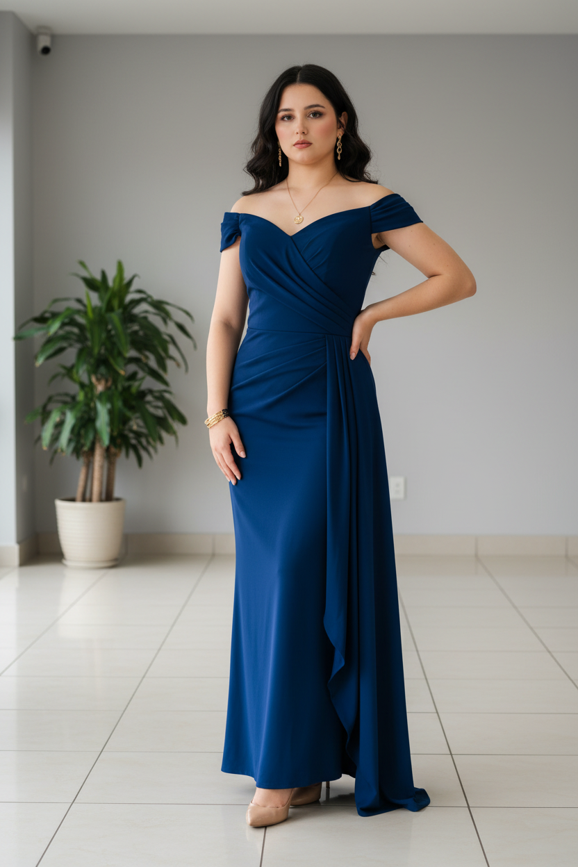 Vestido Azul Marino Off-Shoulder con Drapeado Lateral y Cola cod.441