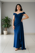 Vestido Azul Marino Off-Shoulder con Drapeado Lateral y Cola cod.441