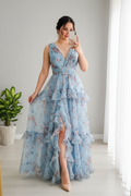 Vestido Azul Floral — Escote V, Volantes & Abertura cod.862