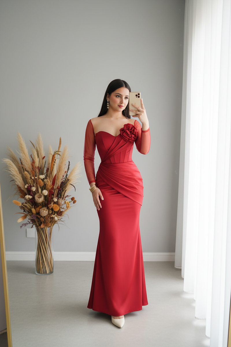 Vestido Rojo Manga Tul Asimétrica Rosa 3D Sirena cod.V431
