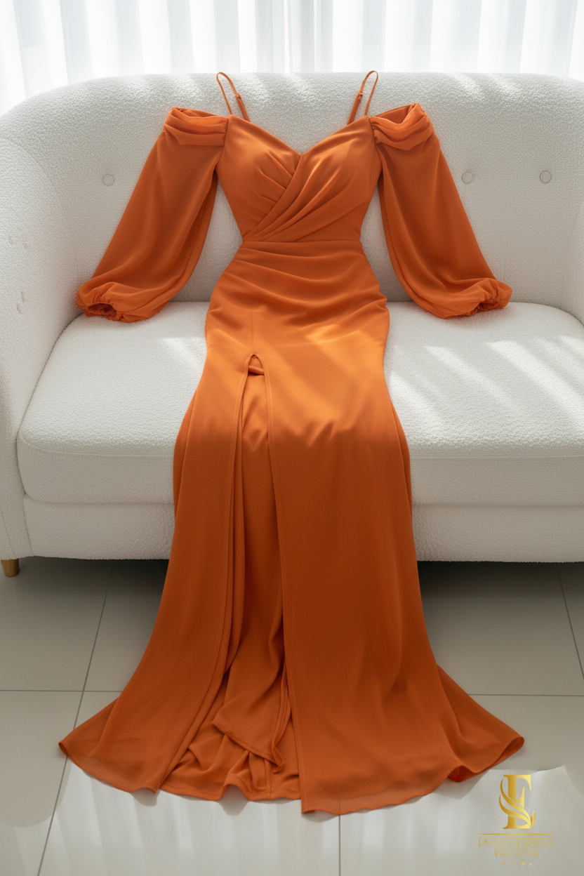 Vestido Naranja Sirena Off Shoulder Mangas Globo Abertura V337