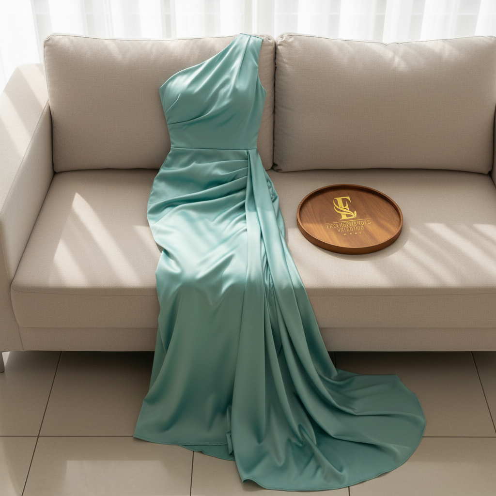 Vestido de Gala Verde Agua con Cuello Halter y Cola - Elegante One Shoulder Largo cod.345