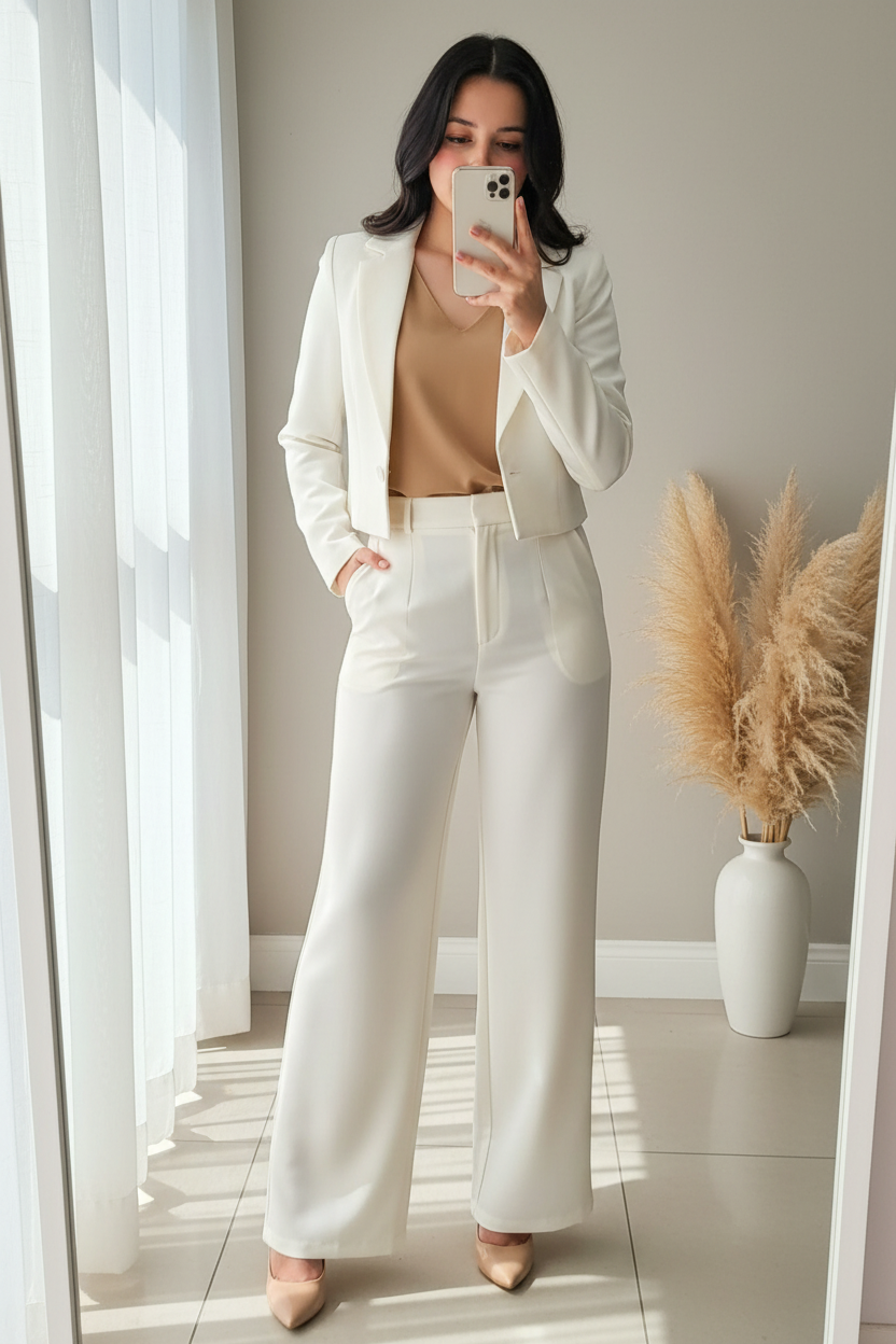 Conjunto Blanco Roto Blazer Crop Pantalón Palazzo Tiro Alto cod.00115