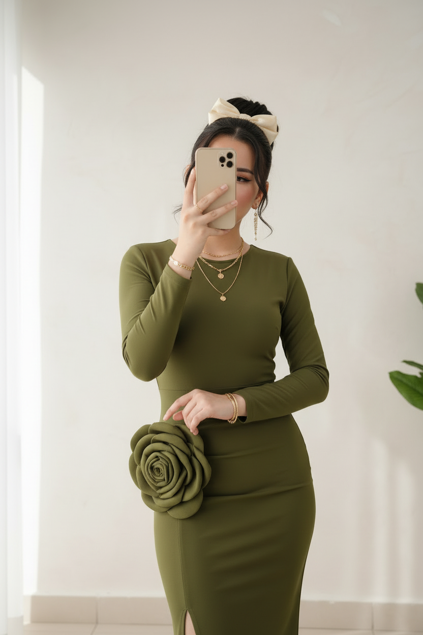 Vestido Largo Verde Olivo Manga Larga con Rosa 3D y Abertura Frontal cod.468