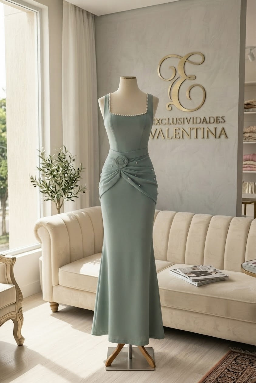 Conjunto Verde Salvia Corset Perlas Rosa | CS-012