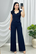 Conjunto Azul Marino — Top Peplum Rosa 3D & Palazzo cod.0033