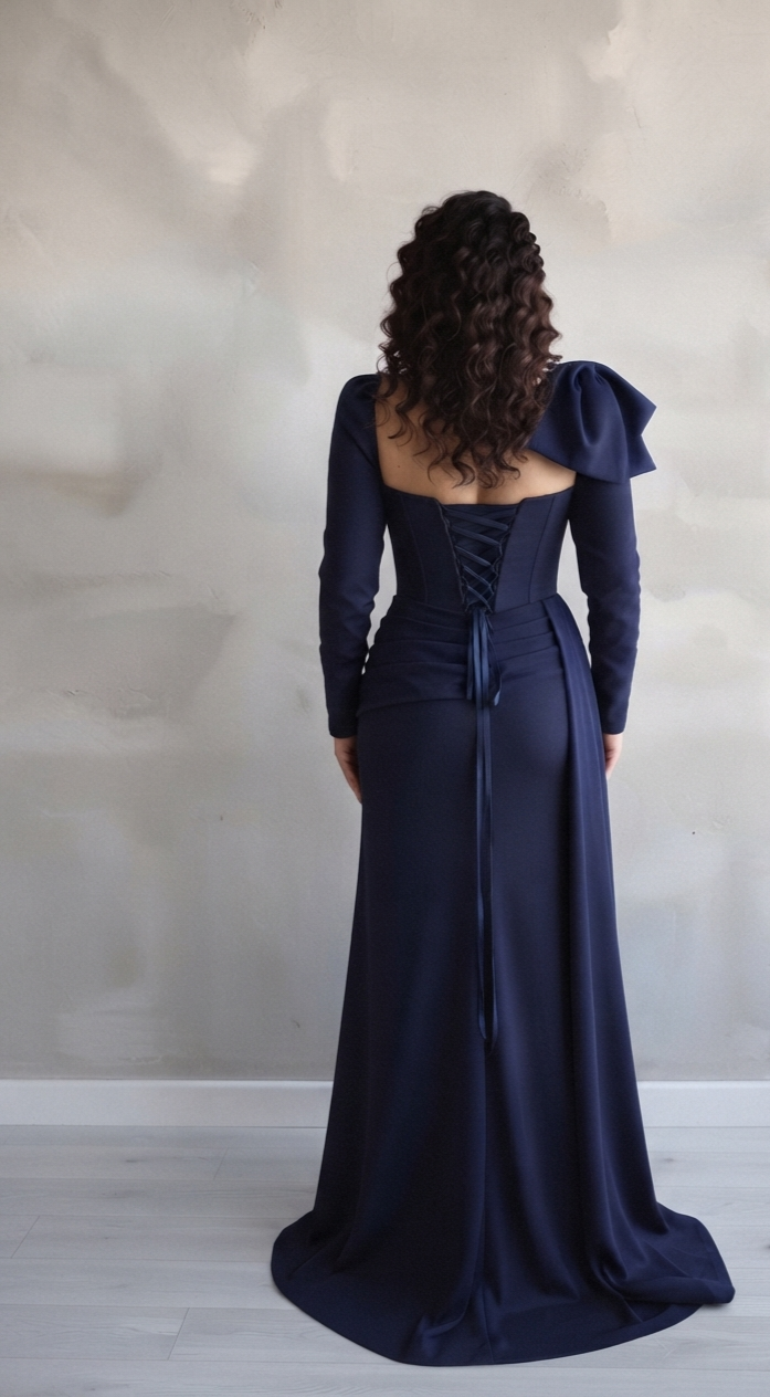 Vestido Azul Marino Sirena con Corset de Perlas, Lazo y Rosa 3D