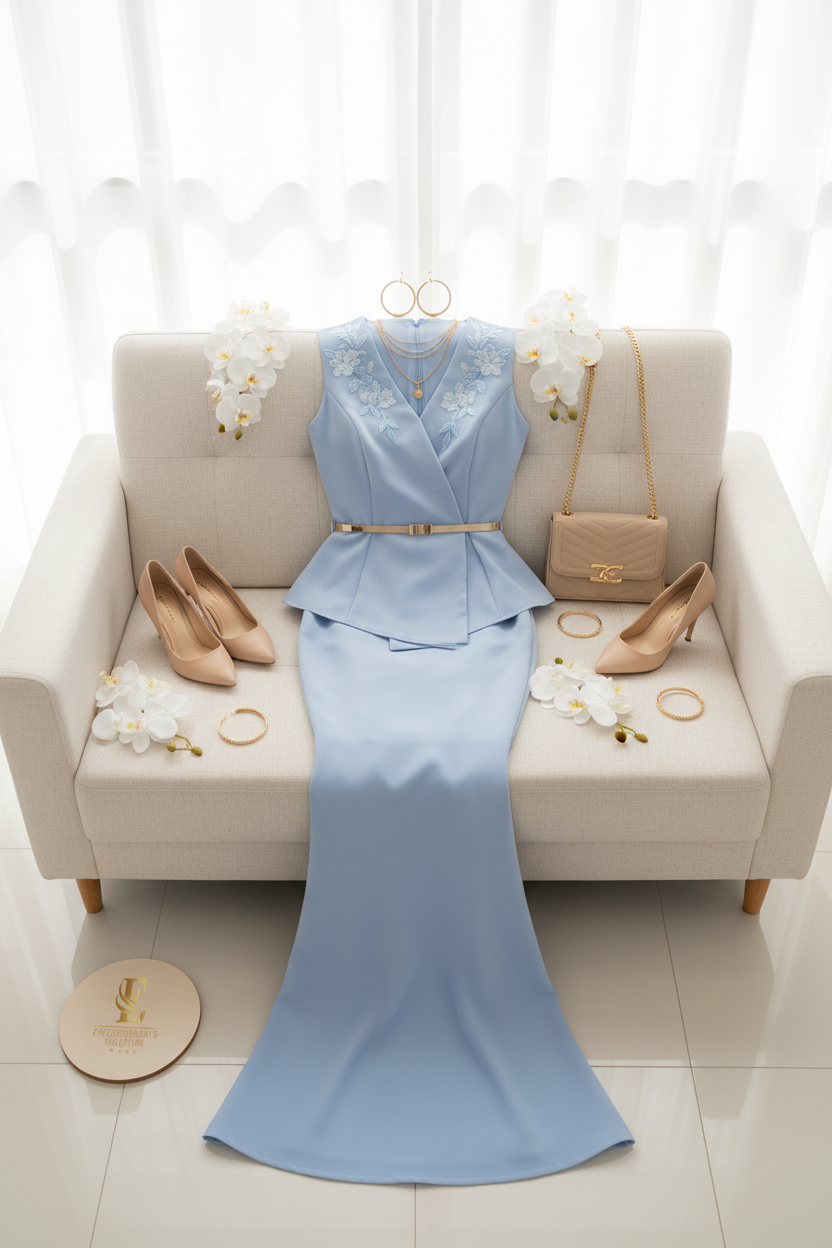 Conjunto Elegante Azul Celeste: con Bordado Floral + Falda Sirena - Sofisticado cod.342