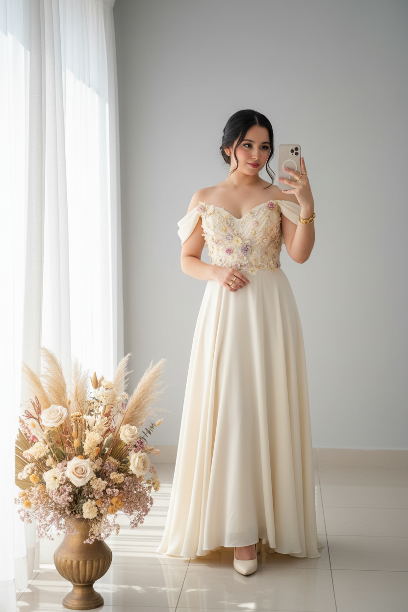 Vestido Ivory Off Shoulder Bordado Floral 3D cod.V397