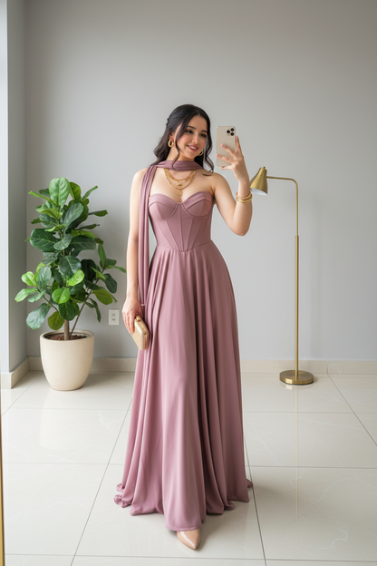 Vestido de Gala Rosa Malva con Corsé Estructurado y Capa One Shoulder - A-Line Largo cod.365