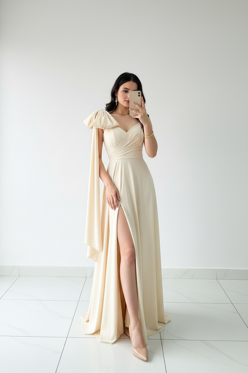 Vestido de Gala Champagne con Moño y Abertura - Elegante Drapeado Largo cod.346