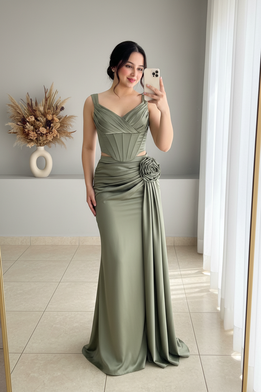 Conjunto Verde Salvia | Corsé con Rosa 3D y Falda Drapeada cod.C443