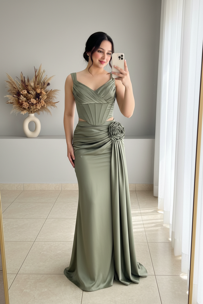 Conjunto Verde Salvia | Corsé con Rosa 3D y Falda Drapeada cod.C443