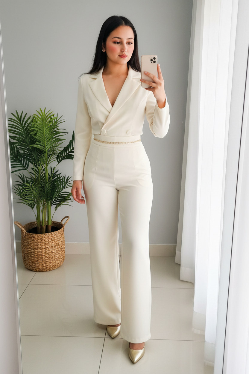 Conjunto 2 Piezas Blanco Crema Blazer Cropped y Palazzo cod.00144