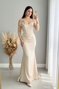 Vestido Champagne Manga Tul Asimétrica Rosa D cod.V423