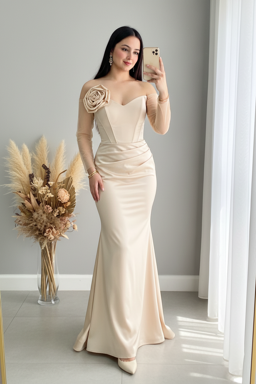Vestido Champagne Manga Tul Asimétrica Rosa D cod.V423