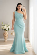 Vestido Largo Verde Agua Un Hombro Sirena con Drapeado Diagonal cod.V965