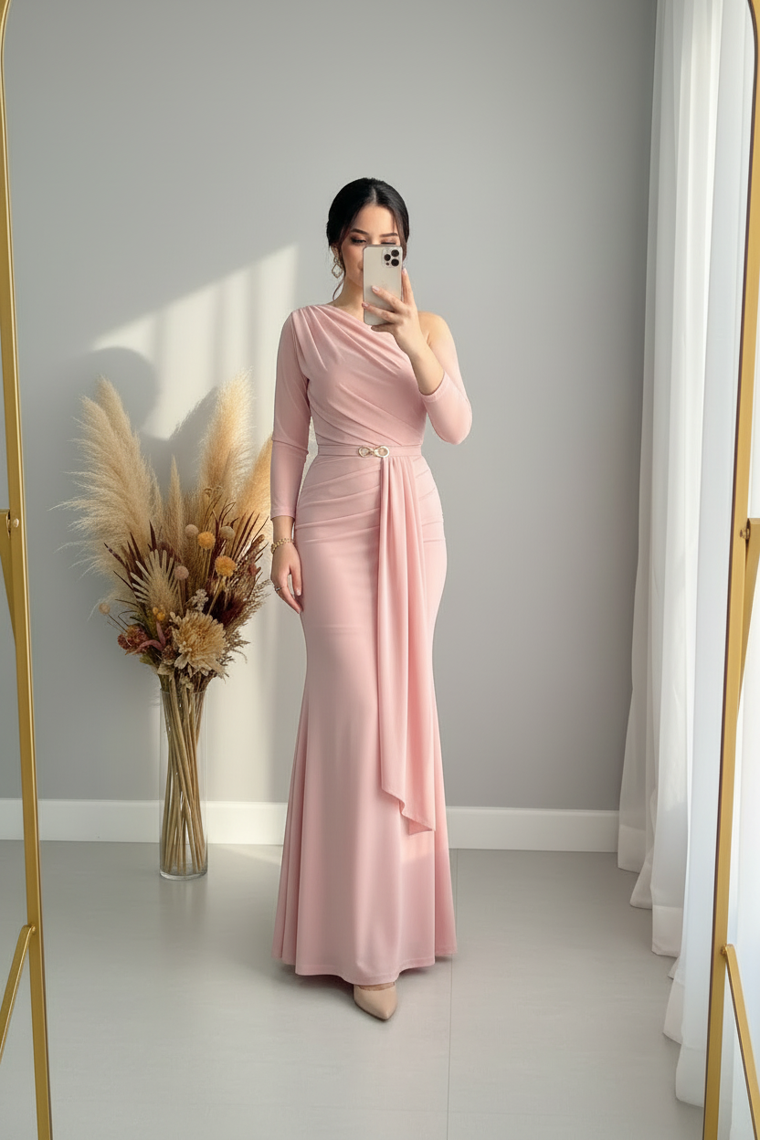 Vestido Sirena Rosa Blush Manga Larga Drapeado Asimétrico cod.V406