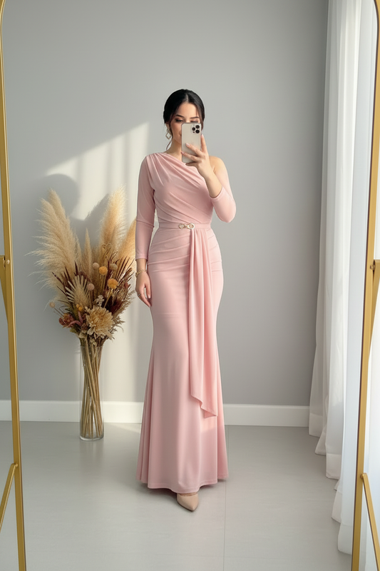 Vestido Sirena Rosa Blush Manga Larga Drapeado Asimétrico cod.V406