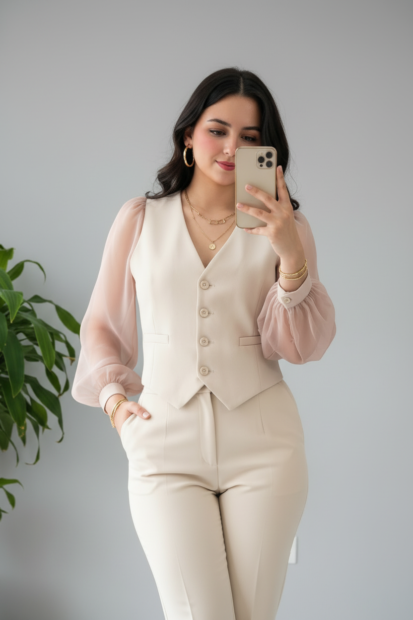 Conjunto Sastre Beige: Chaleco con Mangas Organza y Pantalón Recto cod.385