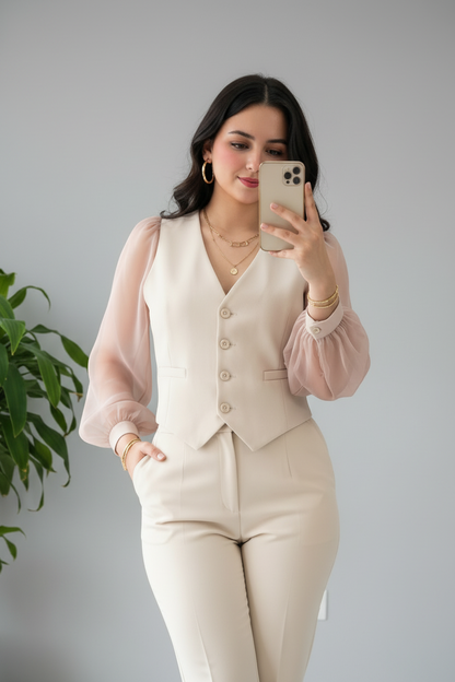 Conjunto Sastre Beige: Chaleco con Mangas Organza y Pantalón Recto cod.385