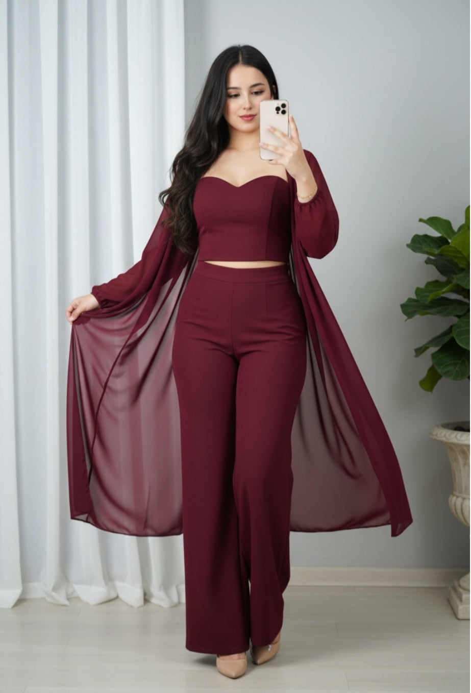 Conjunto Vino 3 Piezas — Crop Top, Palazzo & Kimono de Gasa cod.0029