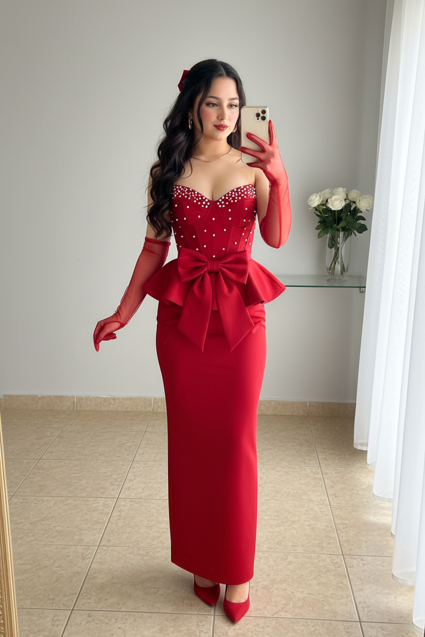 conjunto Gala Rojo Strapless Corset Perlas Peplum Lazo Guantes Tul cod.V0036