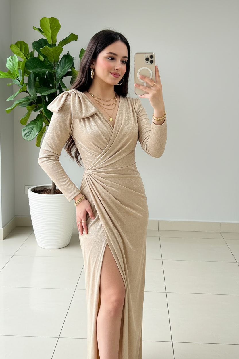 Vestido Dorado Metálico con Escote V Cruzado, Lazo en el Hombro y Abertura Lateral cod.377