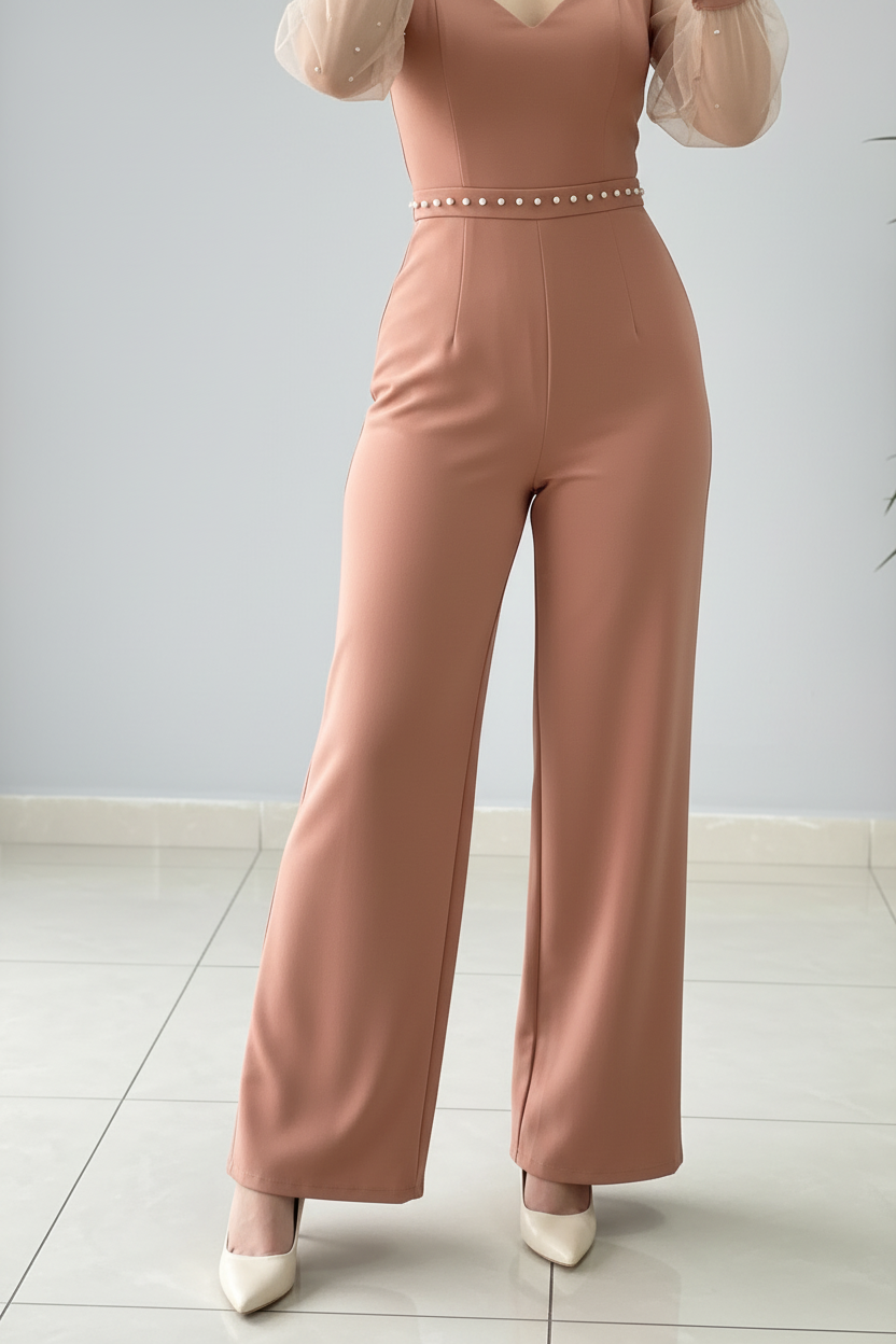 Enterizo Elegante Rosa Salmón con Mangas de Tul y Perlas - Escote Corazón Pierna Ancha cod.358