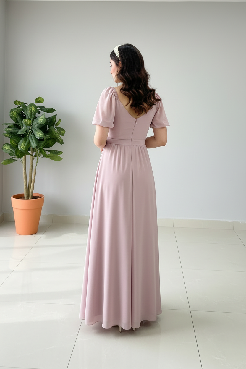 Vestido Largo Rosa Palo con Mangas Mariposa cod.404