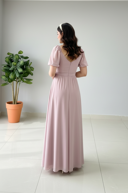 Vestido Largo Rosa Palo con Mangas Mariposa cod.404