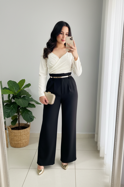 Pantalón Palazzo Negro Tiro Alto con Cinturón Plateado cod.00134
