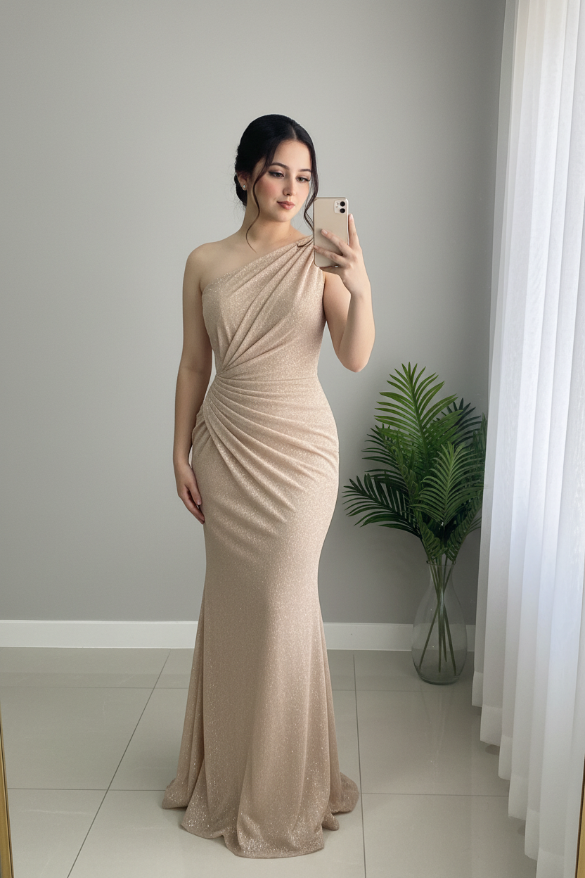 Vestido Sirena Champagne Dorado Un Hombro con Drapeado Diagonal cod.V249