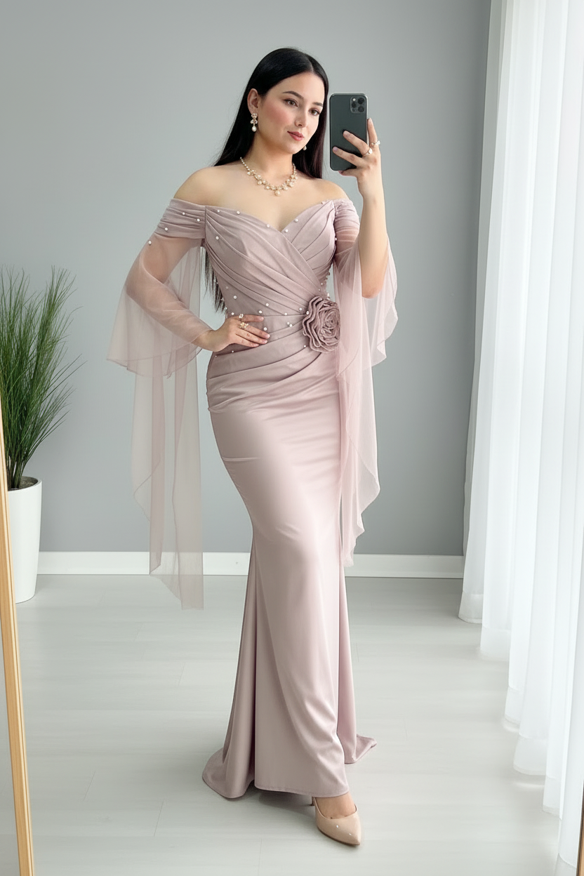 Vestido Rosa Palo Off-Shoulder Mangas Tul Largas Perlas Rosa 3D y Falda Sirena cod.778