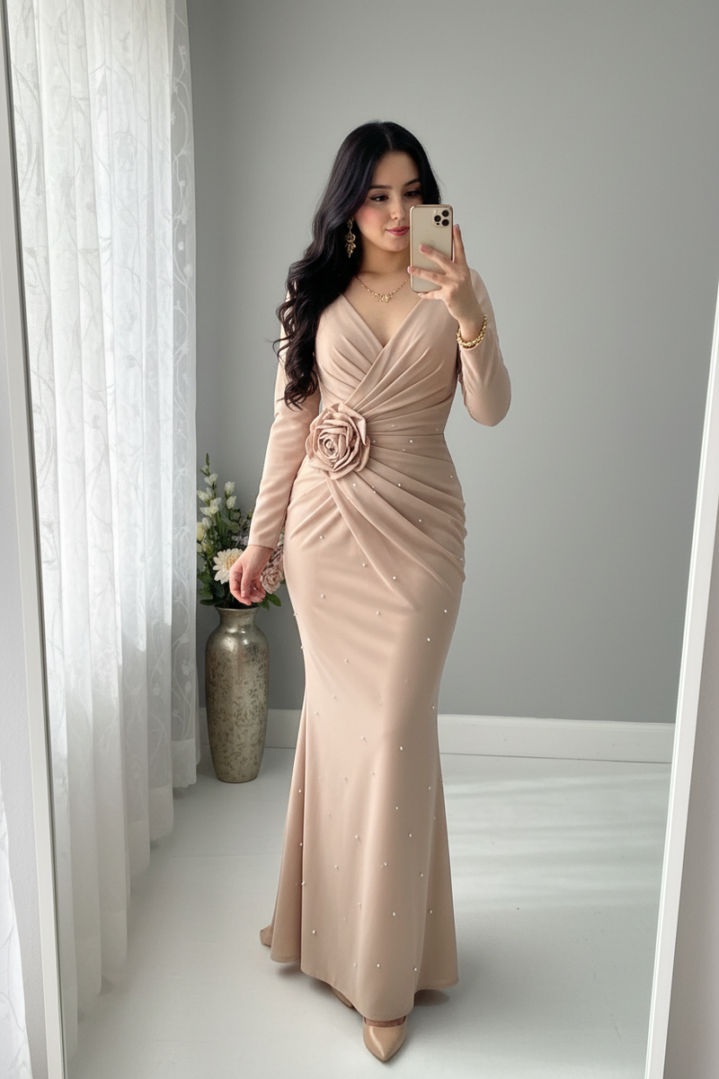 Vestido Nude Rosa 3D con Perlas cod.V729