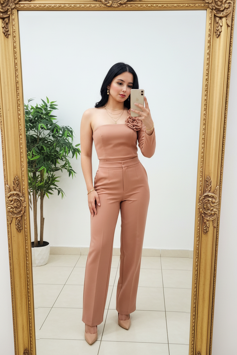 Conjunto Nude Top Un Hombro con Rosa 3D y Pantalón Palazzo Tiro Alto cod.478