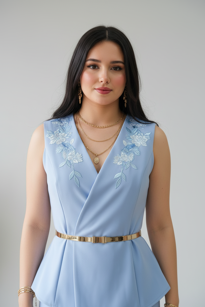 Conjunto Elegante Azul Celeste: con Bordado Floral + Falda Sirena - Sofisticado cod.342