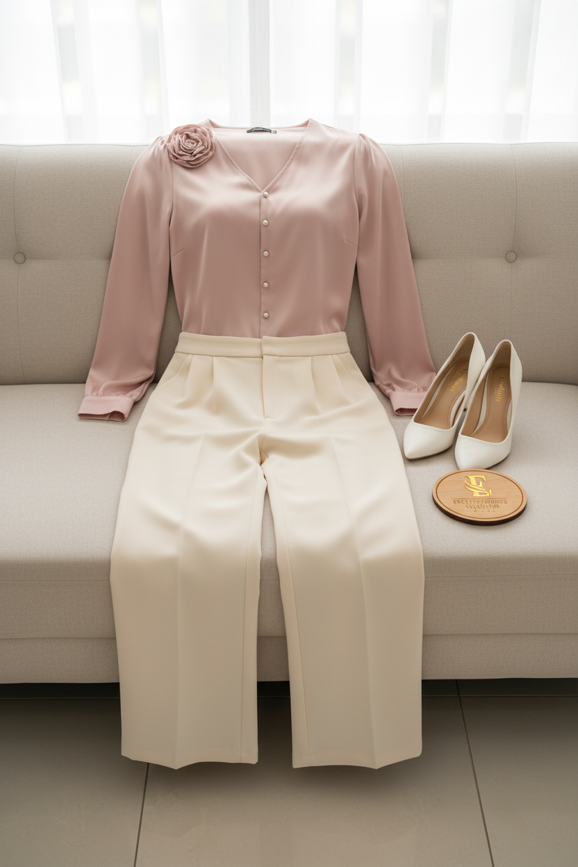 Blusa Rosa Palo Satínada con Rosa 3D y Botones Perla cod.444