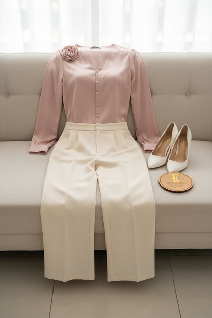 Blusa Rosa Palo Satínada con Rosa 3D y Botones Perla cod.444