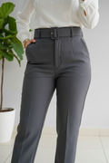 Pantalón Gris Antracita Recto de Tiro Alto con Cinturón cod.421