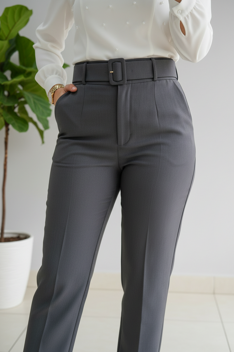 Pantalón Gris Antracita Recto de Tiro Alto con Cinturón cod.421
