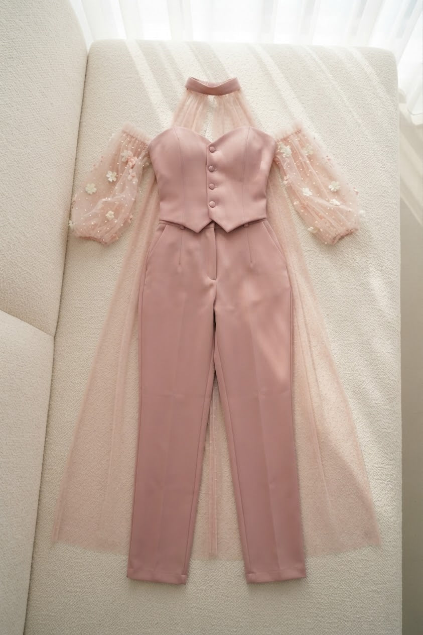 Conjunto Corset Rosa Palo Tul Perlas | CPR-010