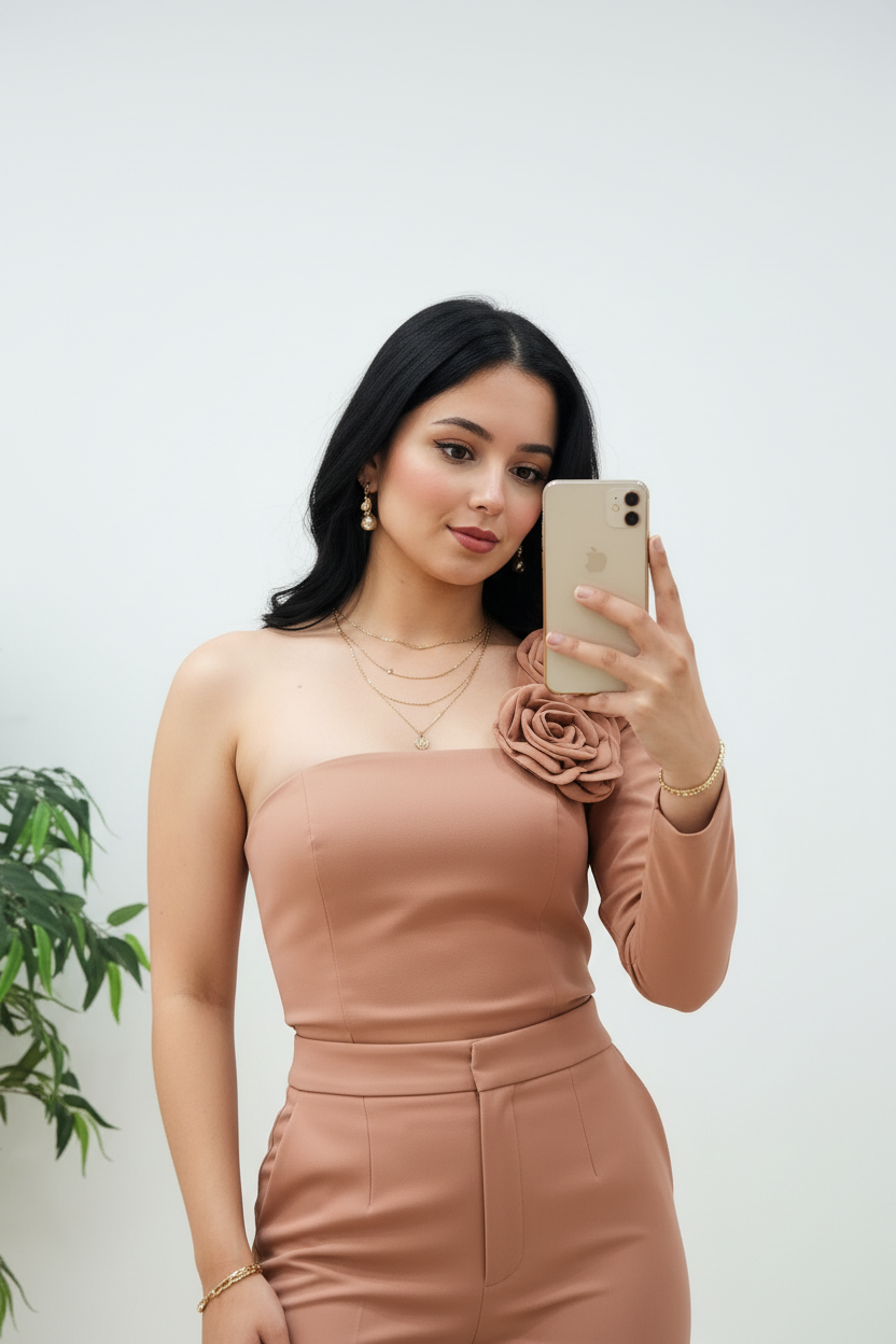 Conjunto Nude Top Un Hombro con Rosa 3D y Pantalón Palazzo Tiro Alto cod.478