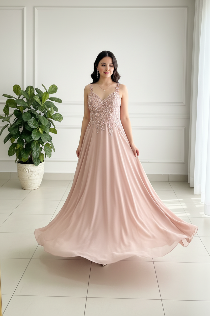 Vestido Largo Blush A-Line con Bordado Floral 3D y Perlas cod.434