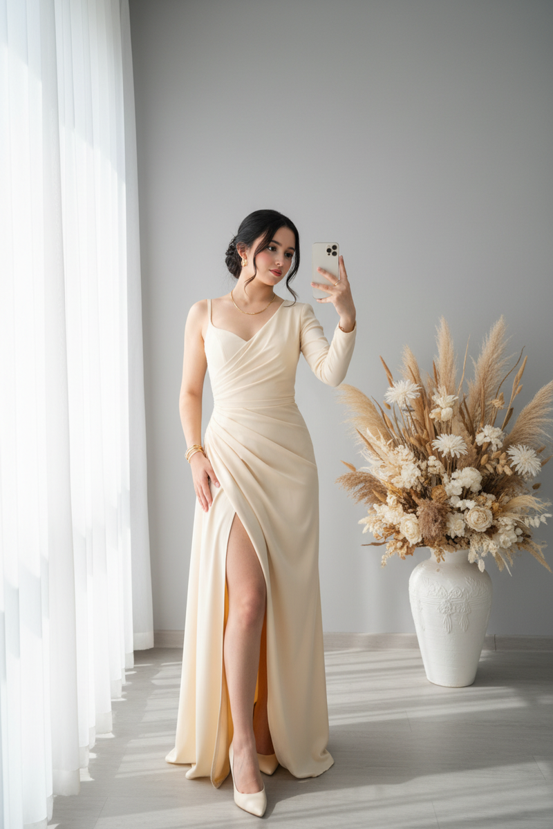 Vestido Champagne Asimétrico Manga Larga con Abertura Frontal cod.V380