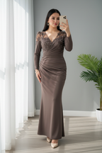 Vestido Gris Topo Sirena Manga Larga Escote V Perlas cod.V688