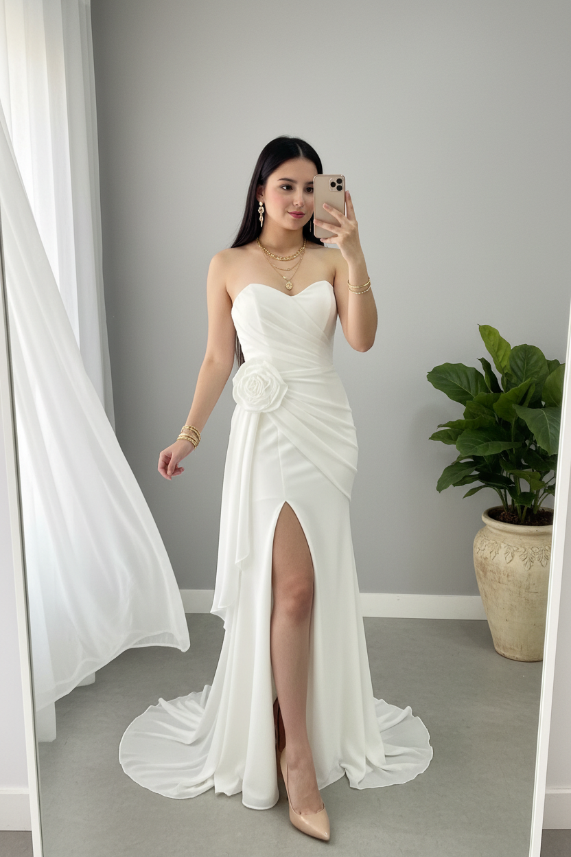 Vestido Blanco Strapless Sirena con Rosa 3D y Train cod.971
