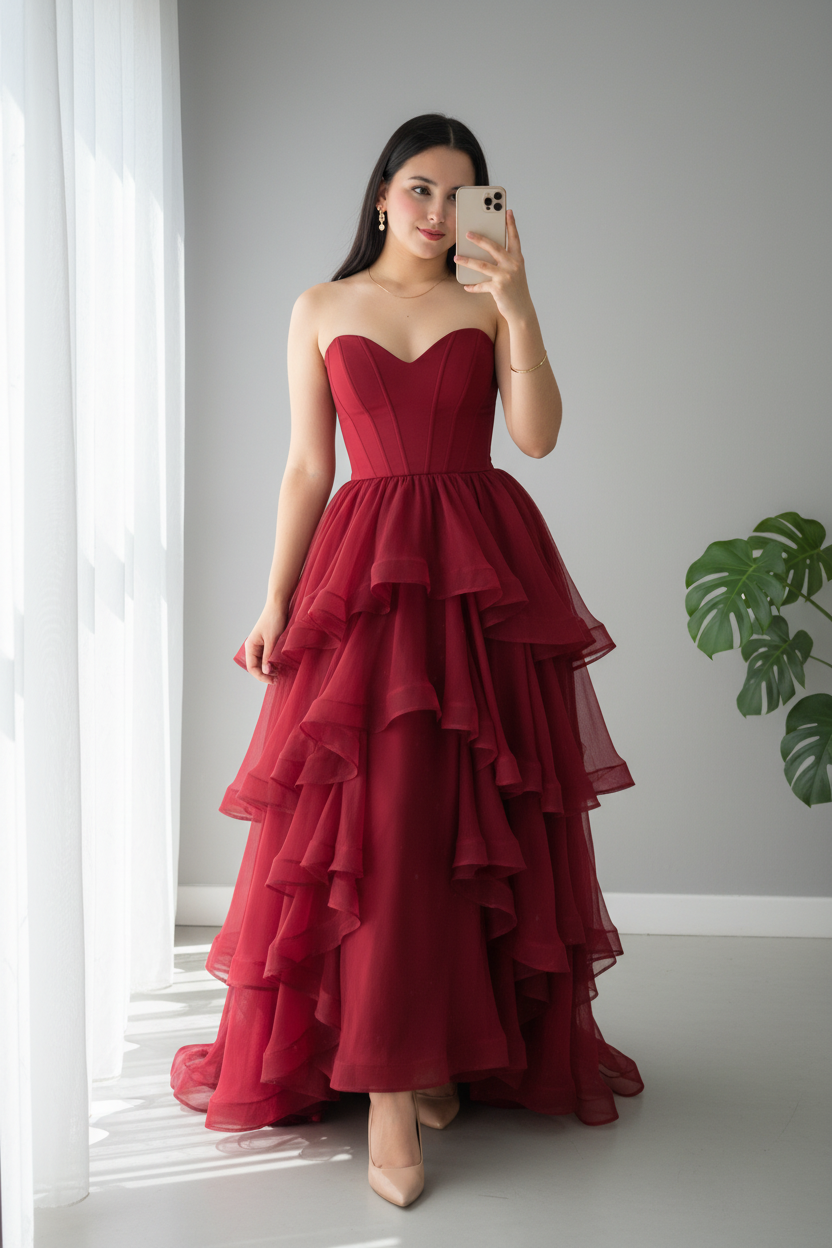 Vestido Rojo Vino Strapless Corsé Tul Multicapa Volantes cod.V0034